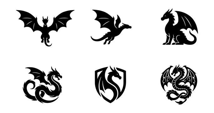 Mythical dragon silhouette set, 6 fantasy creature icons, black dragon vector graphics