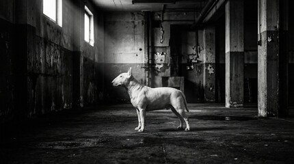White Bull Terrier dog stands in desolate industrial warehouse, concrete floor, natural light. Moody black and white profile, powerful animal, urban decay.