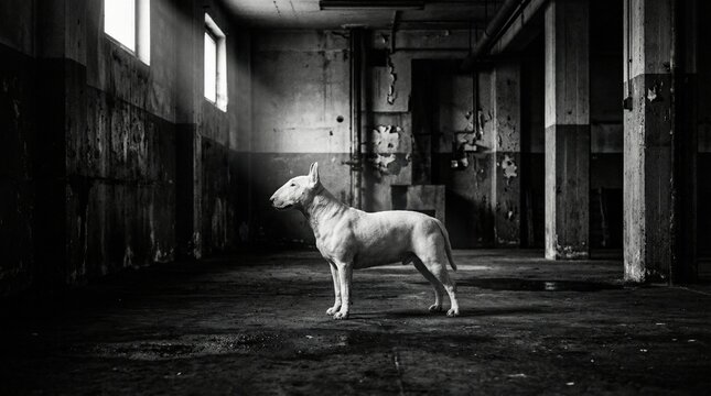 White Bull Terrier dog stands in desolate industrial warehouse, concrete floor, natural light. Moody black and white profile, powerful animal, urban decay.