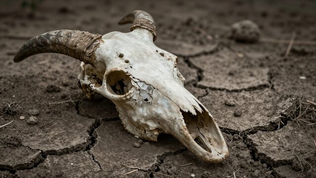 Close-up view of a weathered animal skull resting on parched, cracked earth. This dramatic scene symbolizes drought, climate change, and survival in a barren desert wilderness