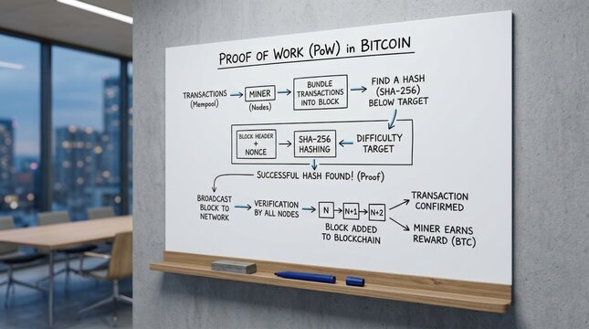 Proof of Work (PoW) in Bitcoin explained on a whiteboard in a modern office
