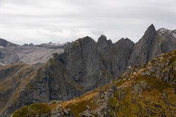 Fototapeta premium Mountain landscape in Norway, Scandinavia, Europe. Mountains covered with snow.