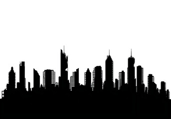 Fototapeta premium A stark black silhouette of a modern city skyline showcasing numerous tall skyscrapers against a bright white background representing a clean canvas