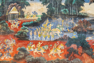 Detail of an ancient mural fresco painting depicting the Ramayana in the Royal Palace of Cambodia in Phnom Penh © Delphotostock
