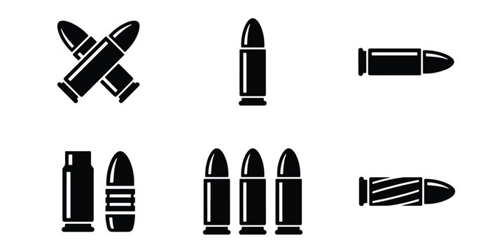 Military bullet icon set, black ammunition vector symbols, firearm cartridge and projectile graphics, 6 weapon ammo elements for tactical design