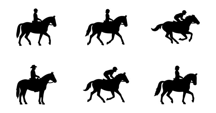 Equestrian horse rider silhouettes, set of 6 racing and dressage icons, vector graphics