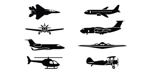 Aviation silhouette set with 8 aircraft icons, military jet and commercial airplane vector graphics, helicopter and vintage biplane black shapes © Khaled