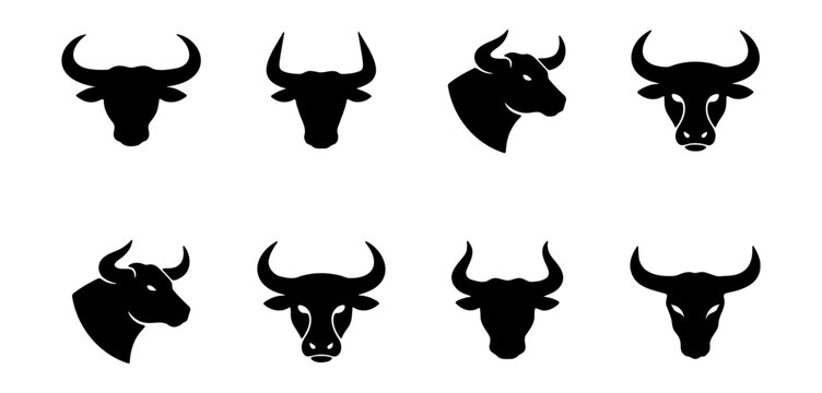 Bull head silhouette icons, 8 black buffalo mascots, horned cattle vector logo set