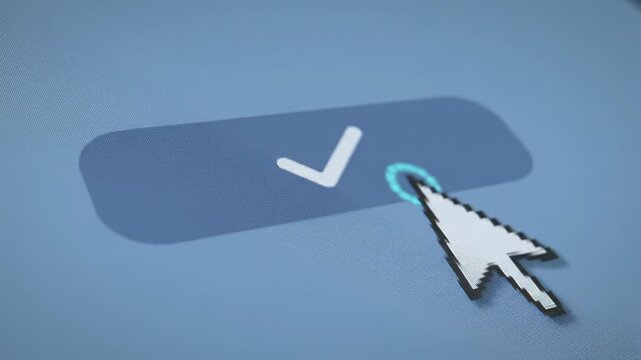 Close-up video of a sleek, minimalist digital interface with a stylized mouse cursor clicking a neutral interactive element, triggering a color change and animated checkmark, against an abstract,