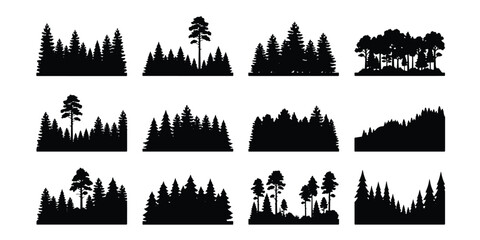 Black forest silhouette collection, 12 pine tree landscape elements, coniferous woodland horizon icons, evergreen timber forest vector set © Jannatul