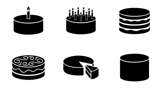 Minimalist cake icon set, black birthday cake silhouettes, 6 bakery vector elements