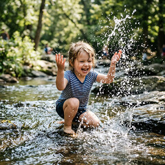 Fototapeta premium A young boy playing in a stream on a sunny day