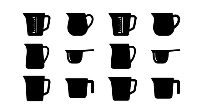 Measuring cup silhouette icons, 12 kitchen pitcher vector elements, baking tool set