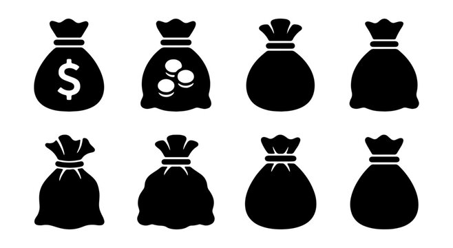 Money bag icon set, black silhouette currency sacks, 8 finance vector elements for web