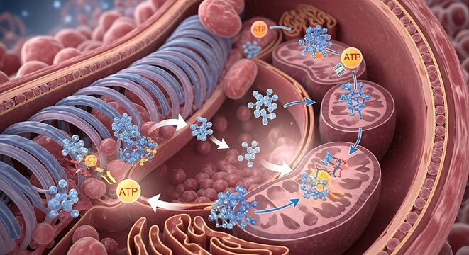Mitochondria cellular respiration energy production ATP synthesis and molecular transport within a human cell