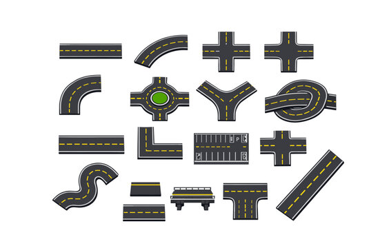 Set of various asphalt road segments and intersections for urban planning design