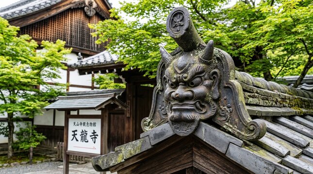 Ancient japanese temple roof decoration with a fierce demon face, decoration