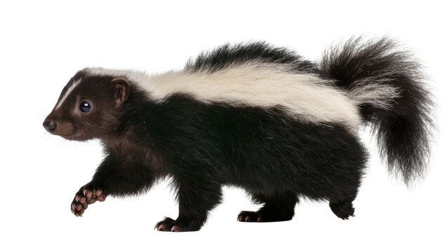 Striped North American Skunk Walking with Fluffy Tail