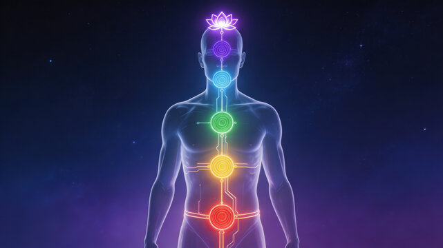Chakra alignment meditation energy healing human silhouette glowing aura spiritual balance vibrant colors cosmic background wellness inner peace