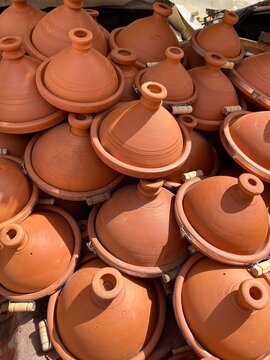 Clay tagines are sold at a street market in Marrakech, Morocco
