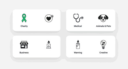 Naklejka premium Collection of Simple Icons: Charity, Medical, Pets, Business, Warning, Creative