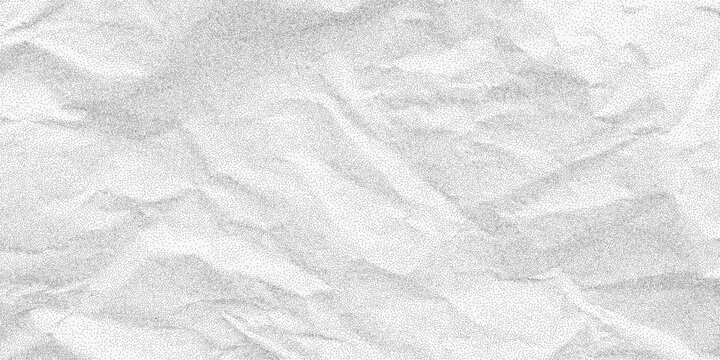 Grunge white crumpled paper texture with heavy dusty grain and dotted halftone noise. A worn blank sheet backdrop marked by deep creases and rough grit.