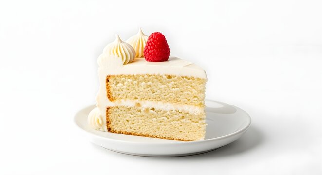 A slice of fluffy vanilla layer cake with white frosting and a fresh raspberry on top served on a plate