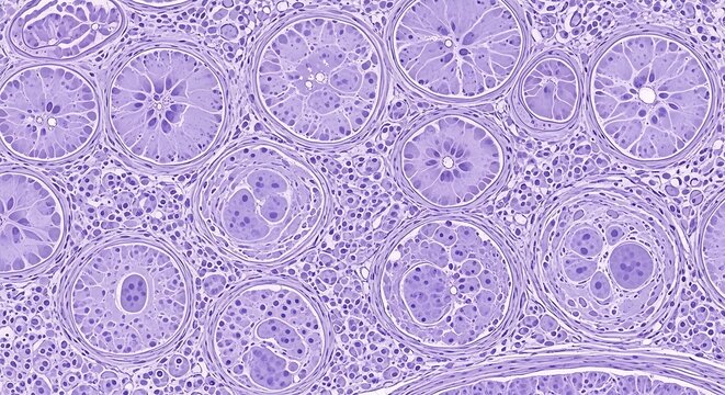 Microscopic view of seminiferous tubules showing spermatogenesis in human testis tissue, histology slide with cellular detail