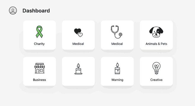 Dashboard UI icons: Charity, Medical, Business, Animals, Warning, Creative