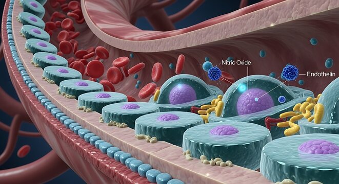 Microscopic view of blood vessel interior showing red blood cells white blood cells and endothelial cells releasing nitric oxide for vasodilation