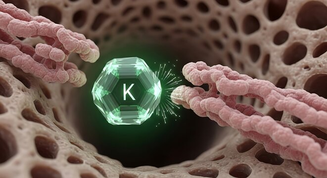 Potassium ion K interacting with cellular structures, microscopic view of a biological process, health and nutrition concept