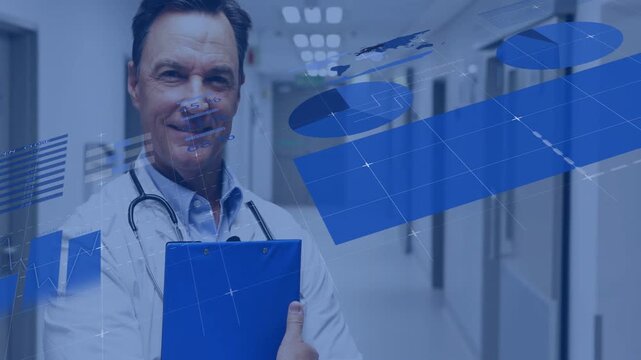 Camera pulling, doc holding blue clipboard, steth, charts sliding, masking head, showing med data