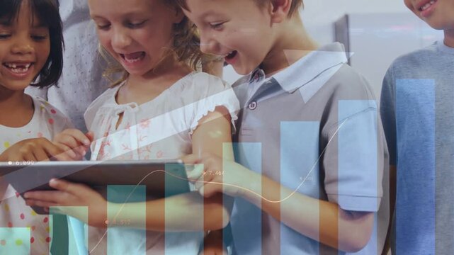 Tablet charts appearing causing children gathering, tapping, pointing, seeing data growth