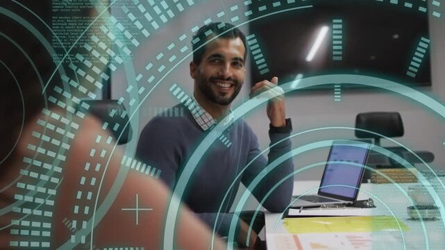 Left coworker asking question, man keeping eye contact, gesturing, smiling for review under HUD