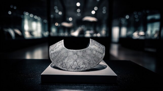 16th-Century Polished Steel Gorget with Fine Etched Patterns in Museum, Detailed Metalwork, Soft Spotlight Shallow Depth, Historical Artifact Detail