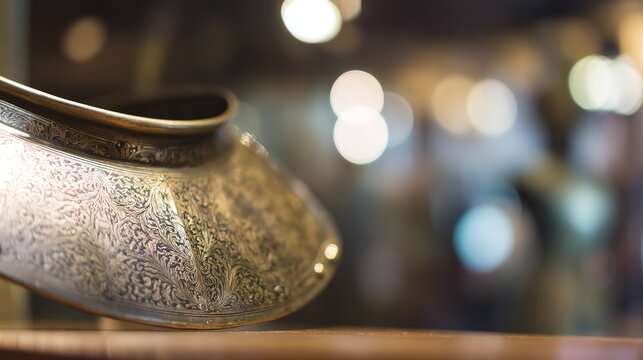 16th-Century Polished Steel Gorget with Fine Etched Patterns in Museum Showcase, Detailed Metalwork, Soft Spotlight, Shallow Depth of Field, Historical Artifact