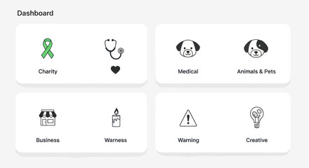 Naklejka premium Digital Dashboard with Icons for Charity, Medical, Business, Warning, Creative