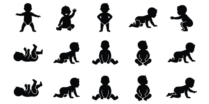 Baby silhouette collection with 15 infant icons, black toddler figures in various poses, newborn development stages vector set for parenting design