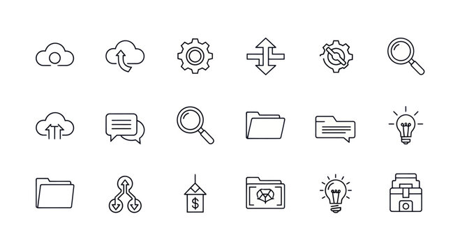 Hand-drawn Icons: Cloud, Gear, Search, Idea, Folder, Chat, Money, Data Flow