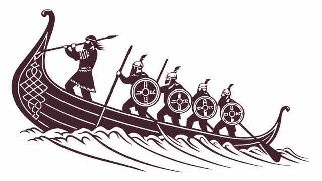 Viking warriors rowing longboat with shields and oars in ocean waves medieval scandinavian naval battle scene