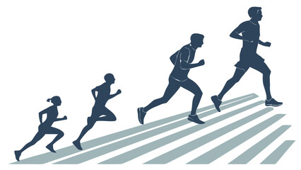 Fototapeta premium Silhouettes of multiple runners at different depths running in unison on striped background