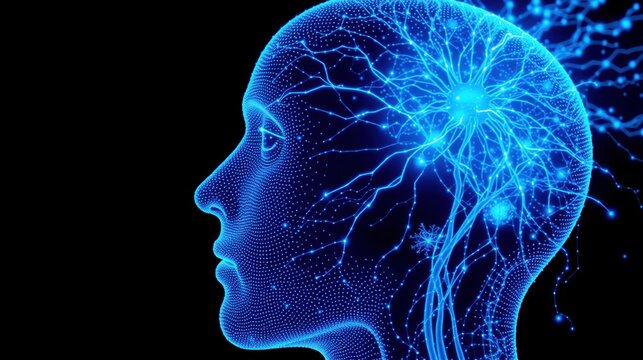 Digital human head outline displays glowing neural network. Blue light emphasizes complex brain activity, connectivity. Futuristic concept.