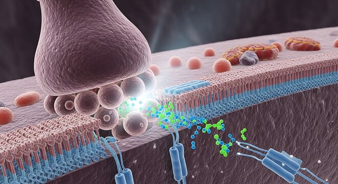 Synaptic transmission between neurons showing neurotransmitter release and receptor binding at the synapse