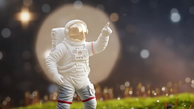 Astronaut exploring alien planet, pointing to stars, futuristic space exploration concept