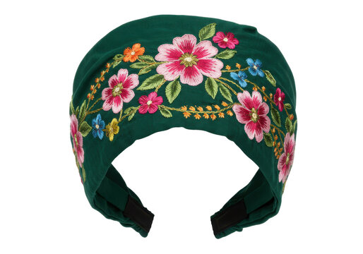 Emerald green headband with embroidered floral design and adjustable closure isolated white background