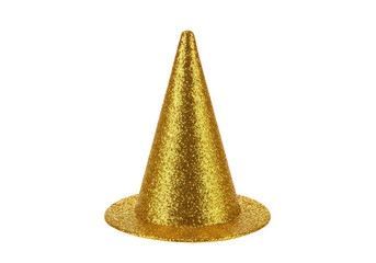 Fototapeta premium Sparkling golden party hat with glittery surface and wide brim isolated white background