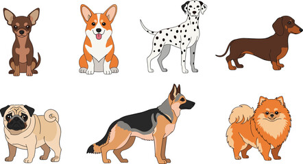 Obraz premium 8Cute Dog Breeds Collection Featuring Chihuahua Corgi Dalmatian Dachshund Pug German Shepherd and Pomeranian Cartoon Style Vector Illustration.