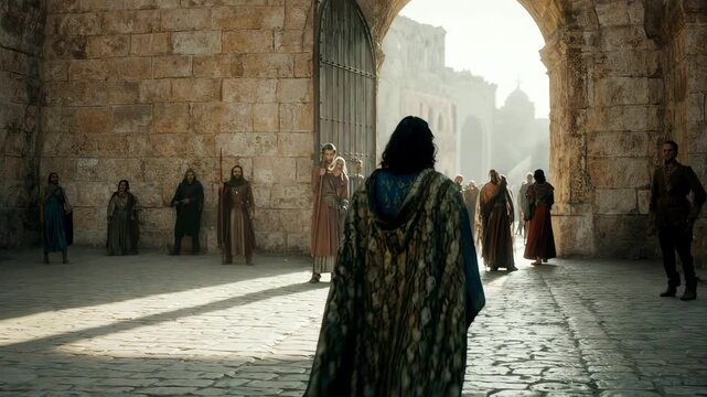 Prophet Nathan welcoming people in ancient Jerusalem. Man in ornate biblical robes opening arms wide by a stone city gate. Joyful historical scene