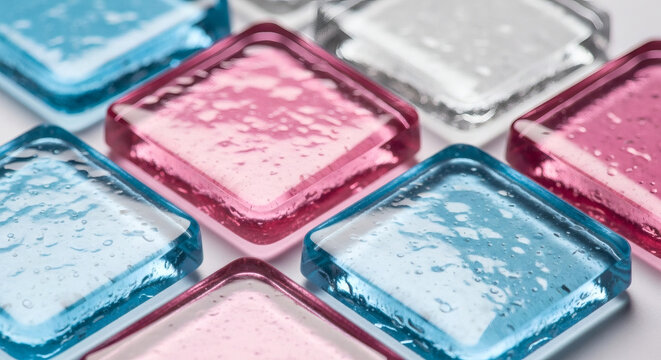 A close-up view of colorful gel or soap samples in small square containers