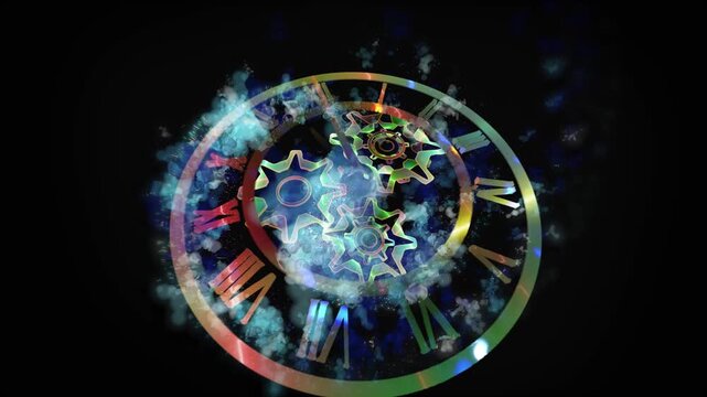 A surreal cosmic clock with rotating gears floats within a glowing galaxy, symbolizing the infinite flow of time, universal motion, and the connection between mechanics and the cosmos.
